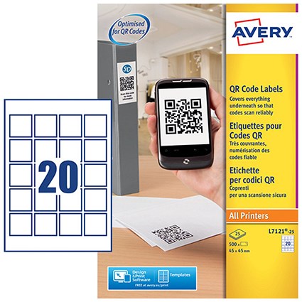 Avery QR Code Label 45x45mm 20 Per A4 Sheet White (Pack 500 Labels) - L7121-25