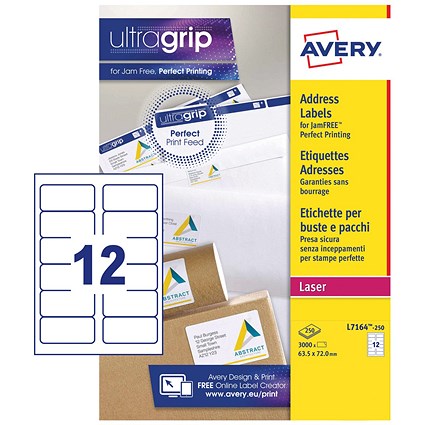 Avery Laser Address Label 63.5x72mm 12 Per A4 Sheet White (Pack 3000 Labels) L7164-250