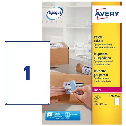 Avery Laser Parcel Label 199.6x289mm 1 Per A4 Sheet White (Pack 40 Labels) L7167-40
