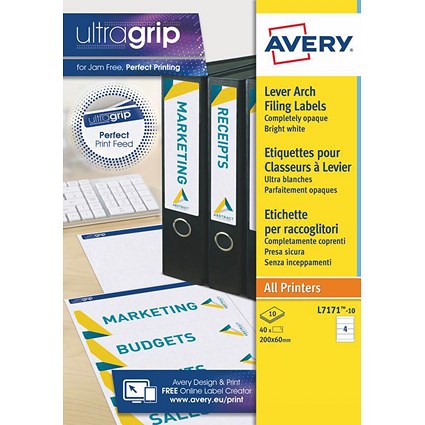 Avery Laser Filing Label Lever Arch File 200x60mm 4 Labels per Sheet White (Pack 40 Labels) L7171-10