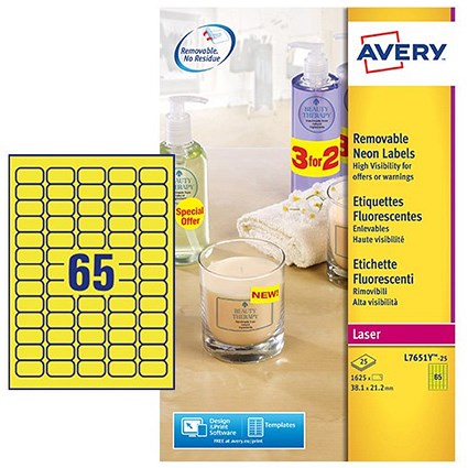 Avery Laser High Visibility Mini Removable Label 38x21mm 65 Per A4 Sheet Neon Yellow (Pack 1625 Labels) L7651Y-25