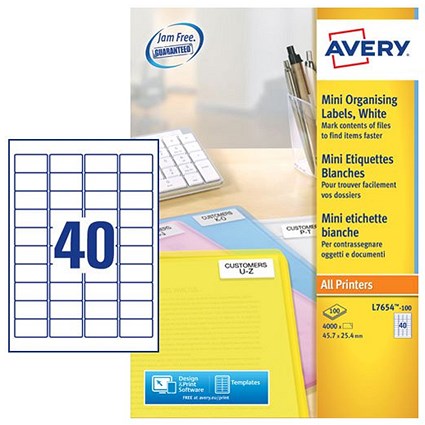 Avery Mini Multipurpose Labels 45.7 x 25.4 mm White (Pack 4000 Labels) - L7654-100