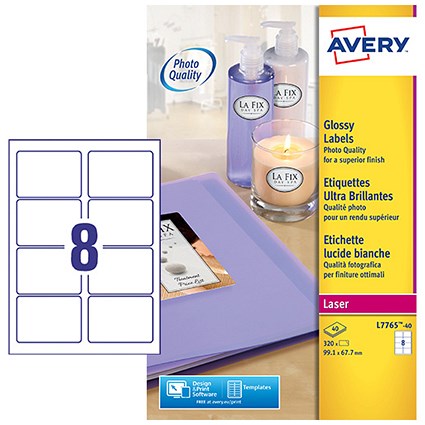 Avery L7765-40 Glossy Labels, 99.1 x 67.7 mm, Permanent, 8 Labels Per Sheet, 320 Labels Per Pack