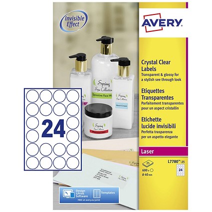 Avery Laser Label 40mm Diameter 24 Per A4 Sheet Crystal Clear (Pack 600 Labels) L7780-25