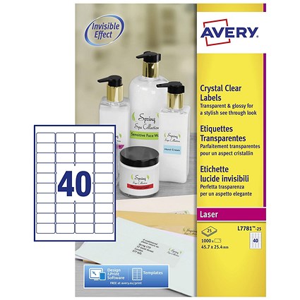Avery Laser Label 45.7x25.4mm 40 Per A4 Sheet Crystal Clear (Pack 1000 Labels) L7781-25