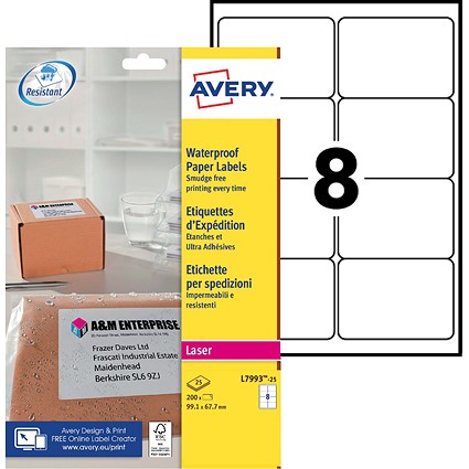 Avery Laser Weatherproof Parcel Label 99x67mm 8 Per A4 Sheet White (Pack 200 Labels) L7993-25