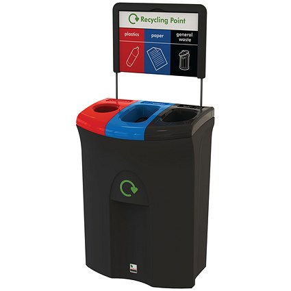 Meridian Triple Plastics Paper and General Waste Recycling Bin, 110L, Multicoloured