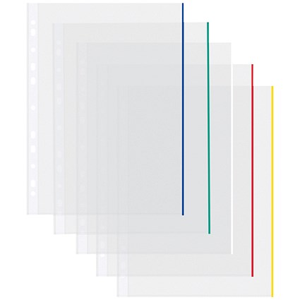 Coloured Edge A4 Punched Pockets, 50 Micron, Top Opening, Pack of 100 Coloured Edge A4 Punched Pockets, 50 Micron, Top Opening, Pack of 100