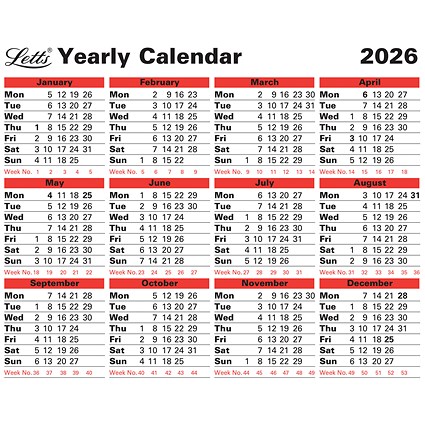 Letts 2026 Yearly Calendar, 212x262mm