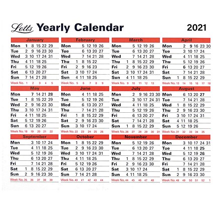 Letts Yearly Calendar 210 x 260mm 2021