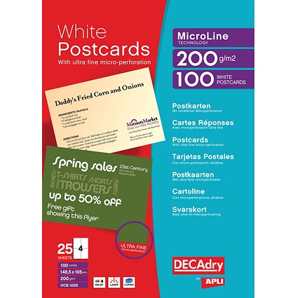 Decadry A4 Postcards Micro-perforated Sheet, 4 Per Sheet, White, 200gsm, Pack of 100