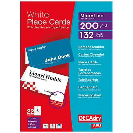 Decadry Perforated Place Cards, 85x46mm, 200gsm, White, Pack of 132
