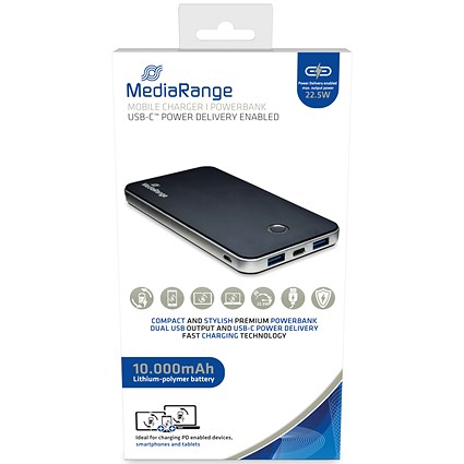 MediaRange Mobile Fast Charger Power Bank, 10.000mAh, 2x USB-A 1x USB-C, Black/Silver