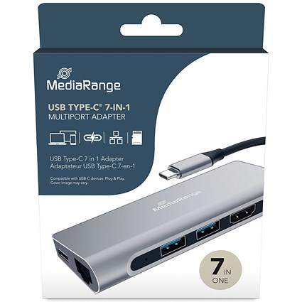 MediaRange USB Type-C Hub, 7-In-1 Multiport Adapter for USB-C Devices, Silver