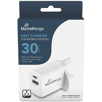 MediaRange Fast Charging Adapter for Mobile Devices, 30W UK Plug, White