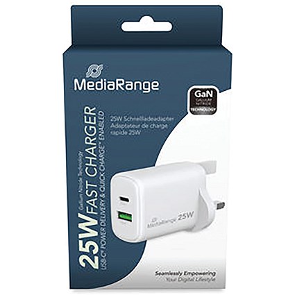 MediaRange GaN Fast Charging Adapter UK Plug, 1xUSB-C and 1xUSB-A, 25W, White