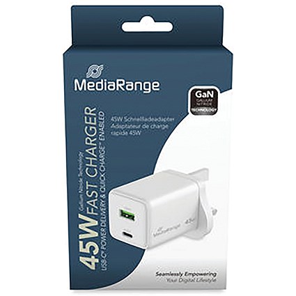 MediaRange GaN Fast Charging Adapter UK Plug, 1xUSB-C and 1xUSB-A, 45W, White