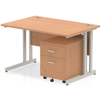 Impulse 1200 x 800mm Straight Office Desk Oak Top Silver Cantilever Leg Workstation 2 Drawer Mobile Pedestal