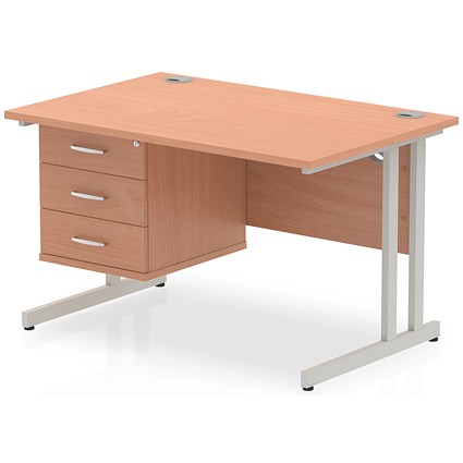 Impulse 1200mm Rectangular Office Desk With Fixed 3 Drawer Pedestal, Silver Cantilever Leg, Beech