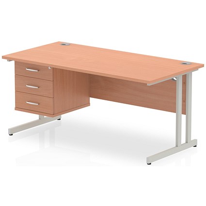 Impulse 1600mm Rectangular Office Desk With Fixed 3 Drawer Pedestal, Silver Cantilever Leg, Beech