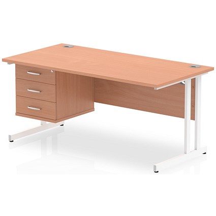 Impulse 1600mm Rectangular Office Desk With Fixed 3 Drawer Pedestal, White Cantilever Leg, Beech