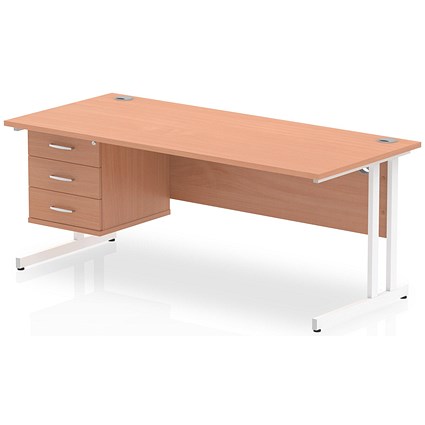 Impulse 1800mm Rectangular Office Desk With Fixed 3 Drawer Pedestal, White Cantilever Leg, Beech