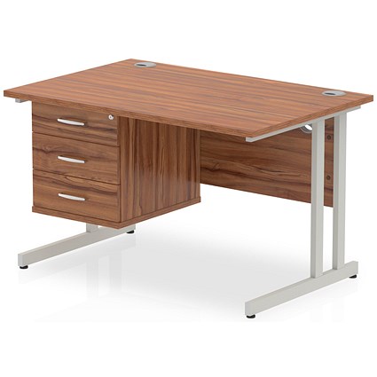 Impulse 1200mm Rectangular Office Desk With Fixed 3 Drawer Pedestal, Silver Cantilever Leg, Walnut