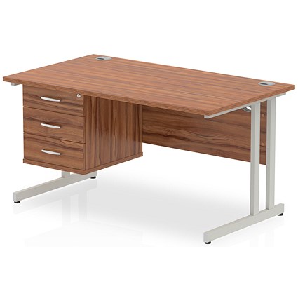 Impulse 1400mm Rectangular Office Desk With Fixed 3 Drawer Pedestal, Silver Cantilever Leg, Walnut