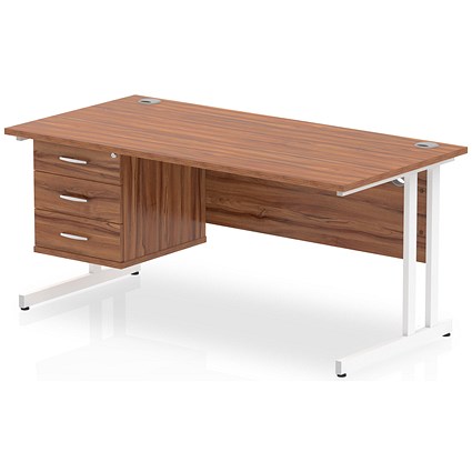 Impulse 1600mm Rectangular Office Desk With Fixed 3 Drawer Pedestal, White Cantilever Leg, Walnut