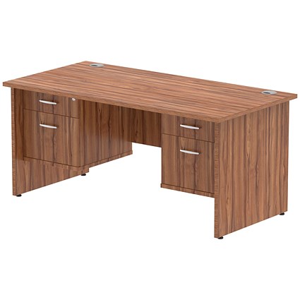 Impulse 1600mm Rectangular Desk With 2 x 2 Drawer Fixed Pedestals, Panel End Leg, Walnut