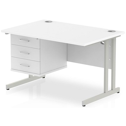 Impulse 1200mm Rectangular Office Desk With Fixed 3 Drawer Pedestal, Silver Cantilever Leg, White
