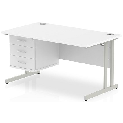 Impulse 1400mm Rectangular Office Desk With Fixed 3 Drawer Pedestal, Silver Cantilever Leg, White
