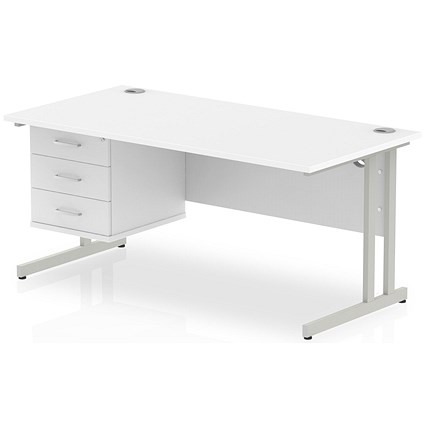 Impulse 1600mm Rectangular Office Desk With Fixed 3 Drawer Pedestal, Silver Cantilever Leg, White