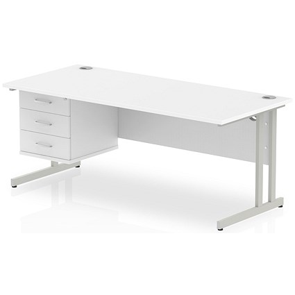 Impulse 1800mm Rectangular Office Desk With Fixed 3 Drawer Pedestal, Silver Cantilever Leg, White