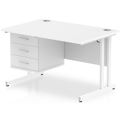 Impulse 1200mm Rectangular Office Desk With Fixed 3 Drawer Pedestal, White Cantilever Leg, White