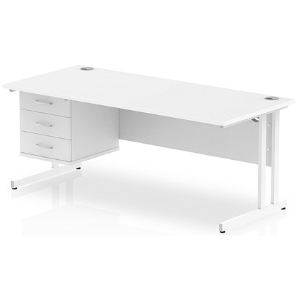 Impulse 1800mm Rectangular Office Desk With Fixed 3 Drawer Pedestal, White Cantilever Leg, White