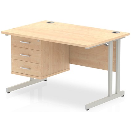 Impulse 1200mm Rectangular Office Desk With Fixed 3 Drawer Pedestal, Silver Cantilever Leg, Maple