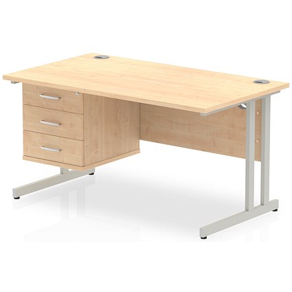 Impulse 1400mm Rectangular Office Desk With Fixed 3 Drawer Pedestal, Silver Cantilever Leg, Maple