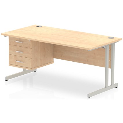 Impulse 1600mm Rectangular Office Desk With Fixed 3 Drawer Pedestal, Silver Cantilever Leg, Maple