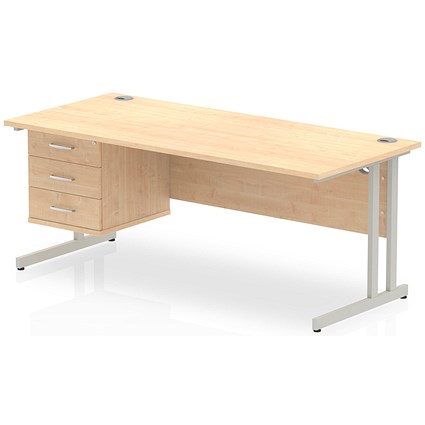 Impulse 1800mm Rectangular Office Desk With Fixed 3 Drawer Pedestal, Silver Cantilever Leg, Maple