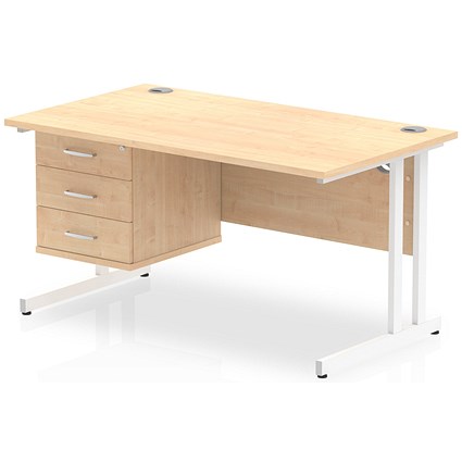 Impulse 1400mm Rectangular Office Desk With Fixed 3 Drawer Pedestal, White Cantilever Leg, Maple
