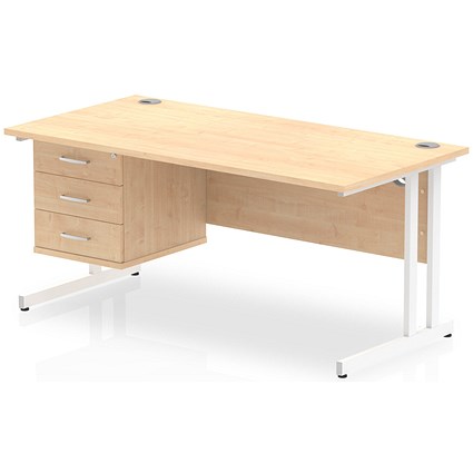 Impulse 1600mm Rectangular Office Desk With Fixed 3 Drawer Pedestal, White Cantilever Leg, Maple