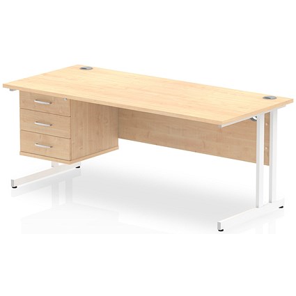 Impulse 1800mm Rectangular Office Desk With Fixed 3 Drawer Pedestal, White Cantilever Leg, Maple