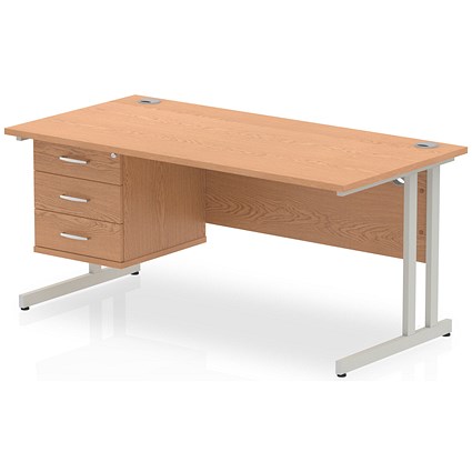 Impulse 1600mm Rectangular Office Desk With Fixed 3 Drawer Pedestal, Silver Cantilever Leg, Oak