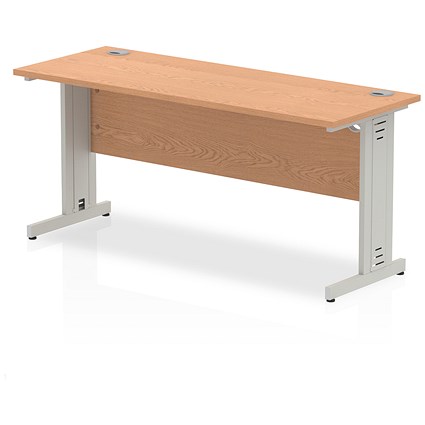 Impulse 1600mm Slim Rectangular Desk, Silver Cable Managed Leg, Oak