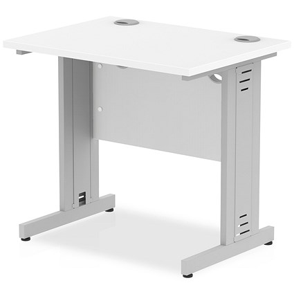 Impulse 800mm Slim Rectangular Desk, Silver Cable Managed Leg, White
