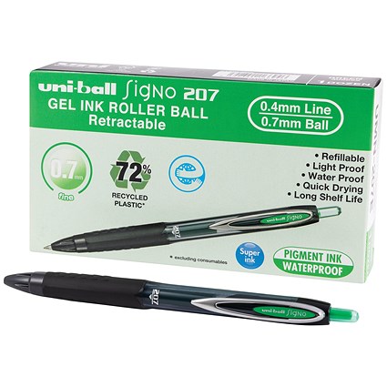 Uni-Ball Signo 207 Rollerball Gel Pen Green (Pack of 12)