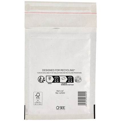 Sealed Air Bubble Lined Postal Bag, A000 110x160mm, White, Pack of 100