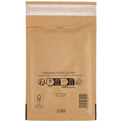 Sealed Air Bubble Lined Postal Bag, A000 110x160mm, Gold, Pack of 100