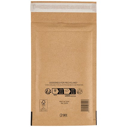 B00 Paper Sealed Air Bubble Lined Postal Bag, B00 120x210mm, Gold, Pack of 100 ...